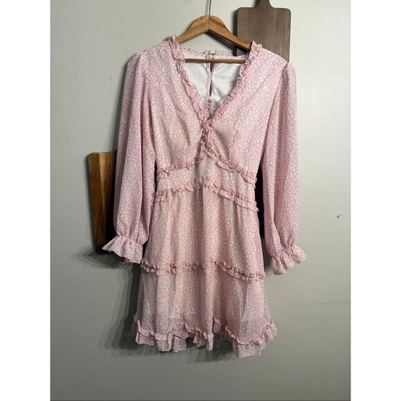 Unbranded Dresses & Skirts - Elegant Pink Leopard Print V-Neck Long Sleeve Ruffle Bohemian Mini Dress Size XS